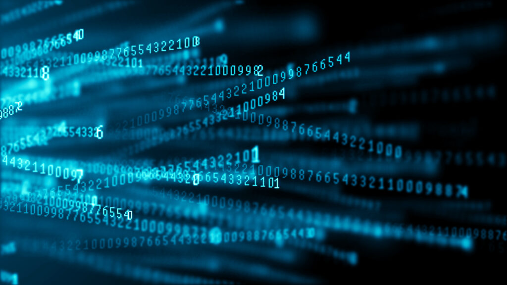 Abstract digital stream of binary numbers representing data quality control in AI and machine learning processes.